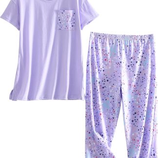 Women Pajama Set Sleepwear Tops with Capri Pants Casual and image 1